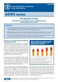The Republic of Haiti: Critical levels of acute food insecurity likely to worsen amid heightened insecurity