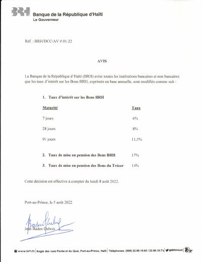 BRH/DCC/AV 01-22: BRH Notice on Interest Rates on BRH Bonds, August 5, 2022