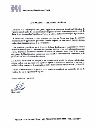 Avis de la BRH aux institutions financières sur le devoir de vigilance et le filtrage des listes de sanctions, 7 mai 2025