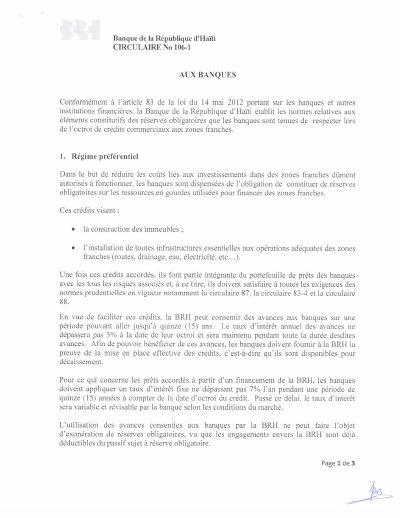 Circular 106-1 to banks: reserve-requirement exemption for commercial credit to free zones