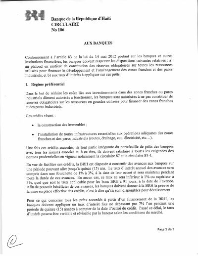 Circular 106 to banks: reserve-requirement exemption and rates for loans to free zones and industrial parks