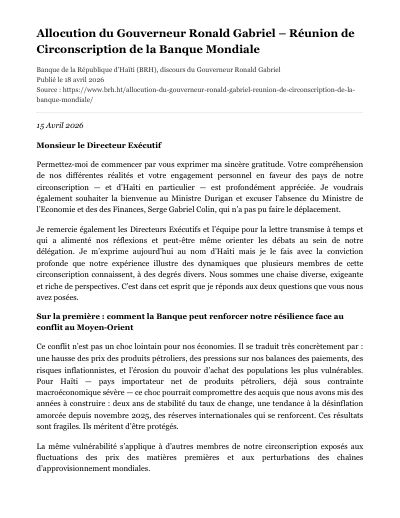 World Bank constituency meeting, April 2026: Middle East conflict and the business environment