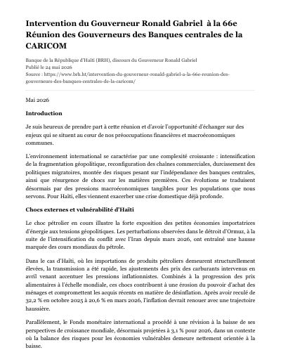 66yèm Reyinyon gouvènè bank santral CARICOM yo: chòk ekstèn, kooperasyon rejyonal ak ajanda rezilyans Ayiti