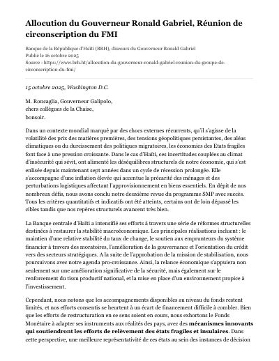IMF constituency meeting, October 2025: Haiti's second SMP review and a call for fragile-state instruments
