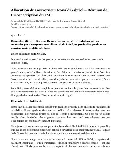Reyinyon sikonskripsyon FMI a, avril 2026: estabilite Ayiti devan plizyè chòk