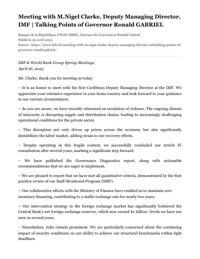 Meeting with IMF Deputy Managing Director Nigel Clarke, April 2025: Governor's talking points
