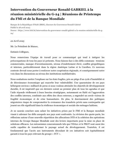 Reyinyon ministeryèl G24 a, Reyinyon prentan FMI ak Labank Mondyal, avril 2025: entèvansyon Gouvènè a