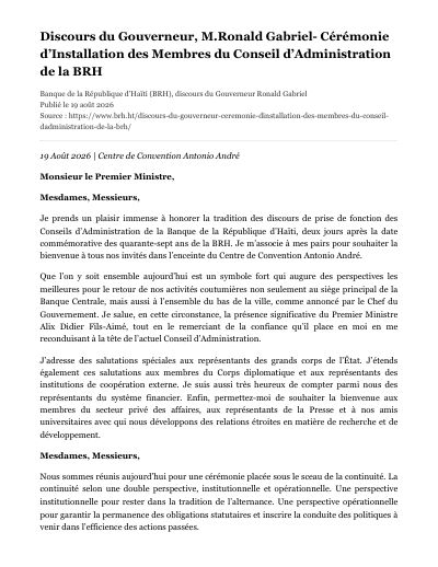 Installation of the new BRH Board of Directors: review of the 2023-2026 agenda and monetary policy orientation