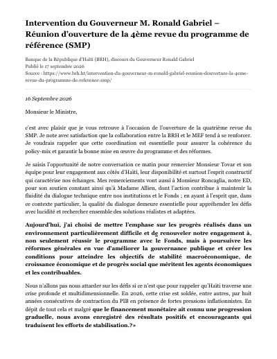 Opening of the fourth review of the Staff-Monitored Program (SMP): the BRH's results and commitments