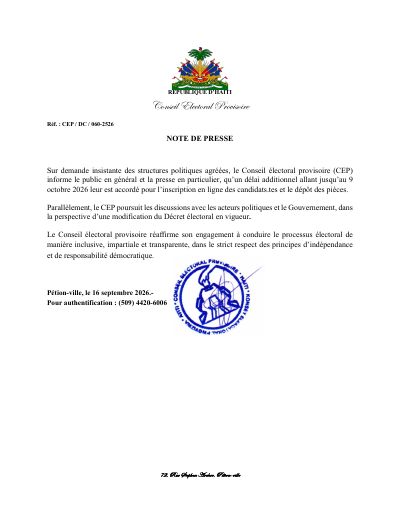 CEP/DC/060-2526: Additional time to October 9, 2026 for online candidate registration and filing of documents