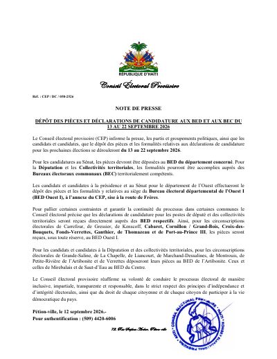 CEP/DC/058-2526: Filing of documents and candidacy declarations at the BED and BEC from September 13 to 22, 2026