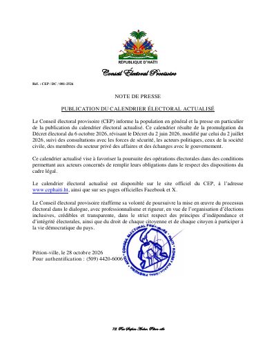 CEP/DC/081-2526: Updated electoral calendar published after the electoral decree of October 6, 2026