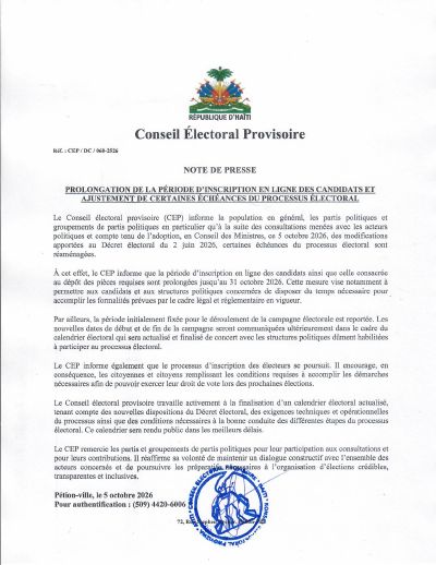 CEP/DC/068-2526: Pwolongasyon peryòd enskripsyon kandida sou entènèt jouk 31 oktòb 2026 ak ajisteman kèk dat limit