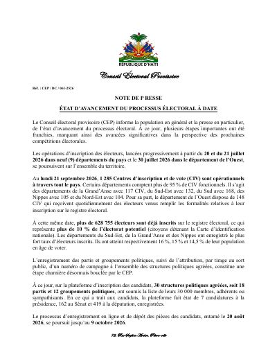 CEP/DC/061-2526: Progress of the electoral process: 1,285 registration centers and over 628,755 registered voters at September 21, 2026