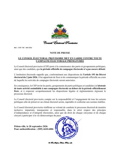 CEP/DC/065-2526: The CEP tells parties and candidates not to campaign before the official period