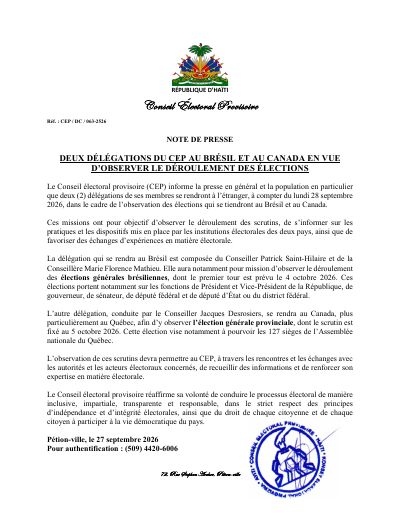 CEP/DC/063-2526: Two CEP delegations to Brazil and Canada to observe elections