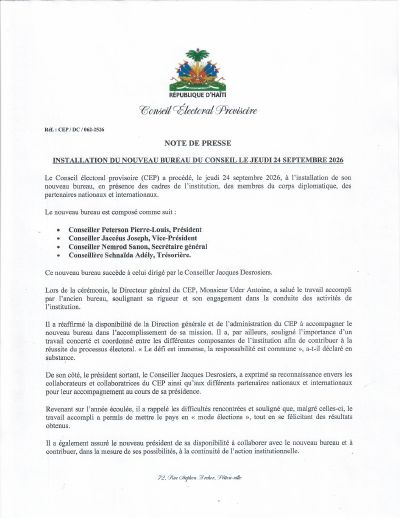 CEP/DC/062-2526: Installation of the new CEP bureau on September 24, 2026, with Peterson Pierre-Louis as president