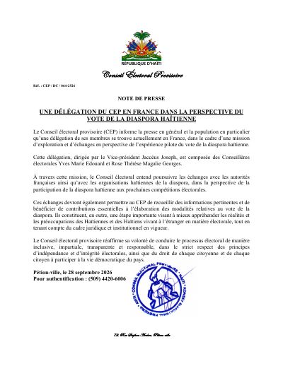 CEP/DC/064-2526: A CEP delegation in France on the pilot of the Haitian diaspora vote