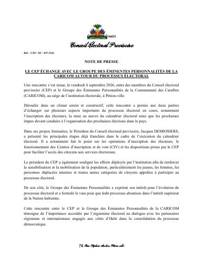 CEP/DC/057-2526: CEP rankontre Gwoup Pèsonalite Ekzanplè CARICOM sou pwosesis elektoral la