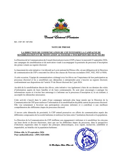 CEP/DC/067-2526: The CEP Communication Directorate launches a voter registration awareness campaign at a Pétion-Ville high school