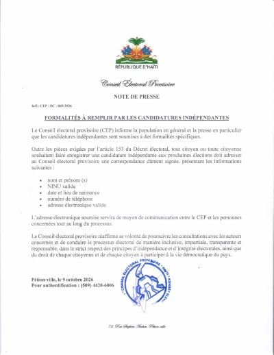 CEP/DC/069-2526 : Formalités à remplir par les candidatures indépendantes