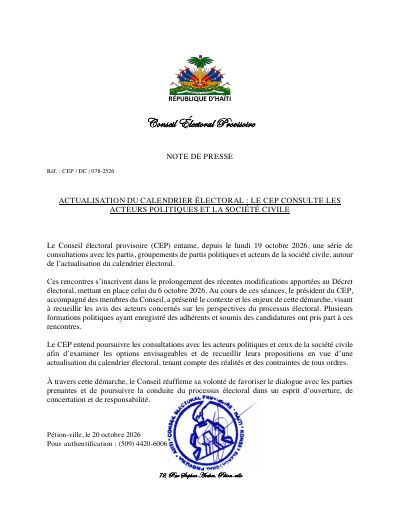 CEP/DC/078-2526 : Actualisation du calendrier électoral : le CEP consulte les acteurs politiques et la société civile