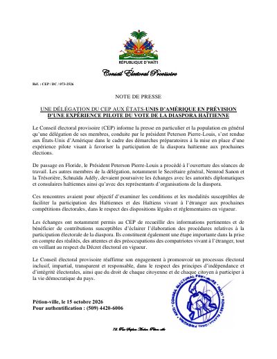 CEP/DC/073-2526 : Une délégation du CEP aux États-Unis d'Amérique en prévision d'une expérience pilote du vote de la diaspora haïtienne