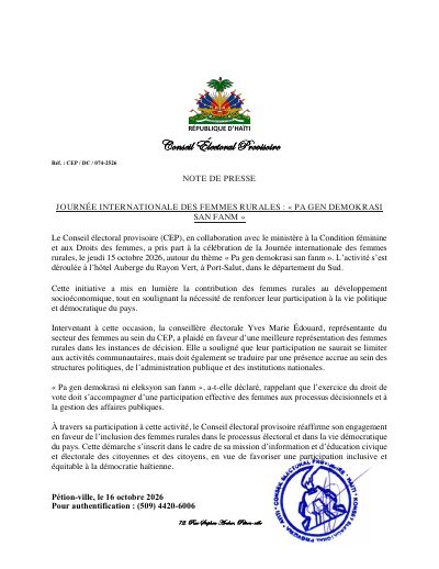 CEP/DC/074-2526 : Journée internationale des femmes rurales : « Pa gen demokrasi san fanm »
