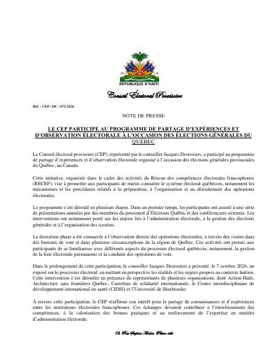 CEP/DC/072-2526 : Le CEP participe au programme de partage d'expériences et d'observation électorale à l'occasion des élections générales du Québec