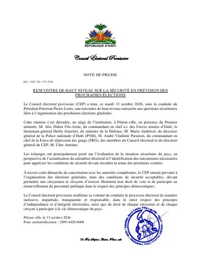 CEP/DC/071-2526 : Rencontre de haut niveau sur la sécurité en prévision des prochaines élections