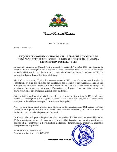 CEP/DC/070-2526 : L'équipe de communication du CEP au marché communal de Canapé-Vert pour une nouvelle journée de sensibilisation à l'inscription des électeurs