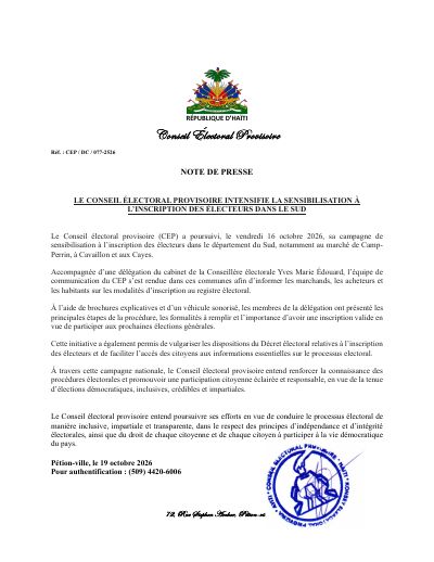 CEP/DC/077-2526 : Le Conseil électoral provisoire intensifie la sensibilisation à l'inscription des électeurs dans le Sud