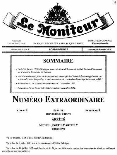 Arrêté bringing into force the Code of Ethics for actors in public procurement and service concession agreements, Le Moniteur No. 3 of 9 January 2013