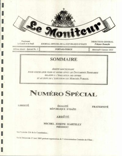 Arrêté bringing into force the standard documents for bid evaluation and contract execution monitoring, Le Moniteur Spécial No. 1 of 9 January 2013