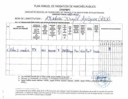 Plan annuel de passation de marchés publics, AKA, exercice 2023-2024