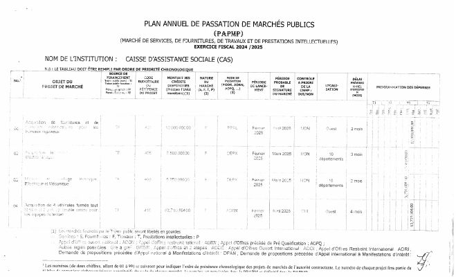 Plan annuel de passation de marchés publics, CAS, exercice 2024-2025