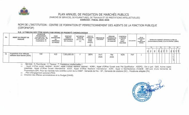 Plan annuel de passation de marchés publics, CEFOPAFOP, exercice 2025-2026
