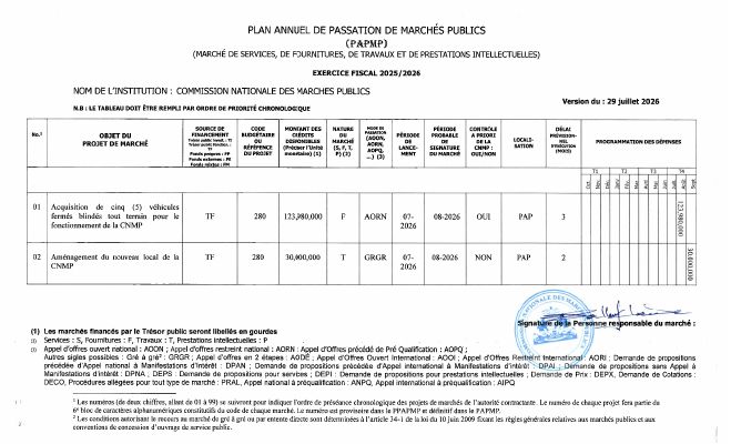 Plan annuel de passation de marchés publics, CNMP, exercice 2025-2026