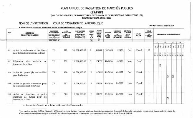 Plan annuel de passation de marchés publics, Cour de Cassation, exercice 2026-2027