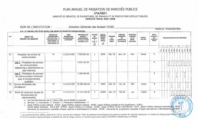 Plan annuel de passation de marchés publics, DGB, exercice 2025-2026