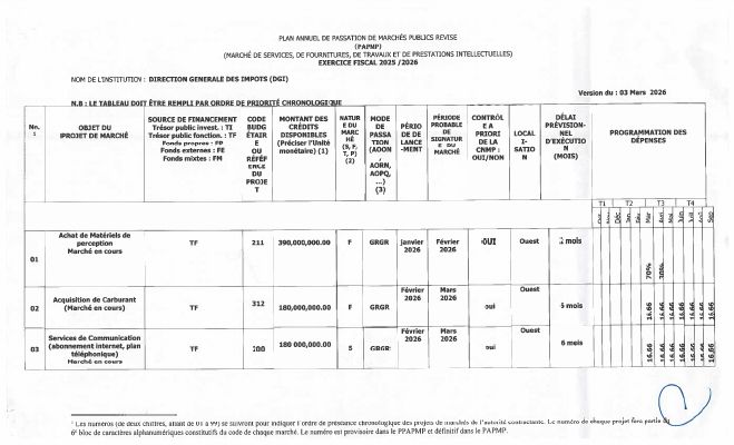 Plan annuel de passation de marchés publics, DGI, exercice 2025-2026