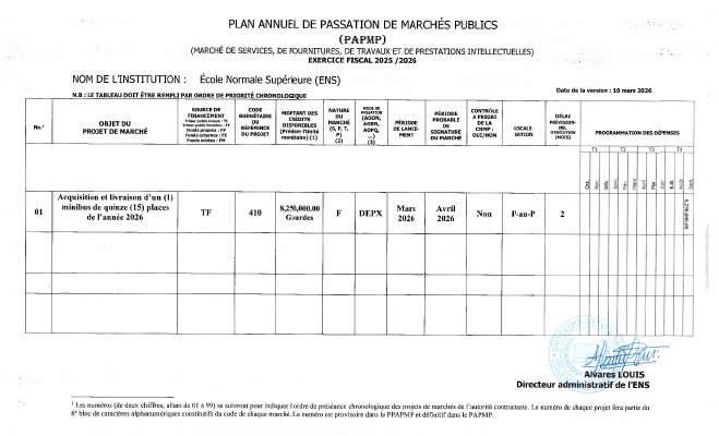 Plan annuel de passation de marchés publics, ENS, exercice 2025-2026