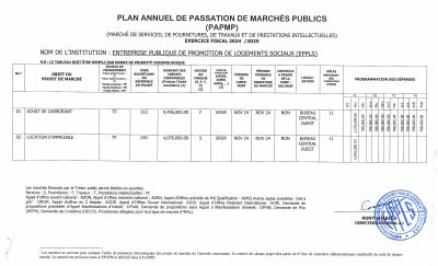 Plan annuel de passation de marchés publics, EPPLS, exercice 2024-2025