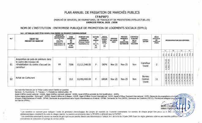 Plan annuel de passation de marchés publics, EPPLS, exercice 2025-2026