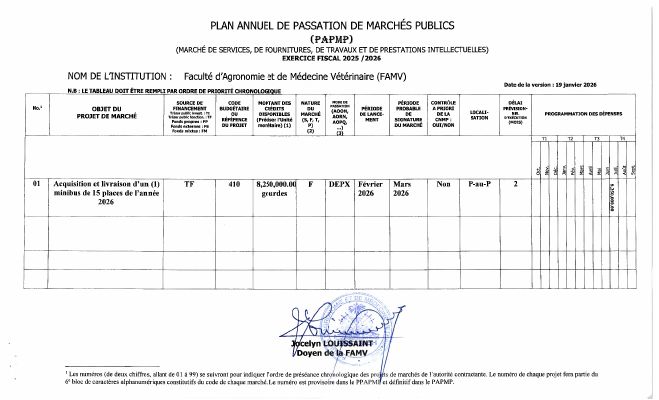 Plan annuel de passation de marchés publics, FAMV, exercice 2025-2026