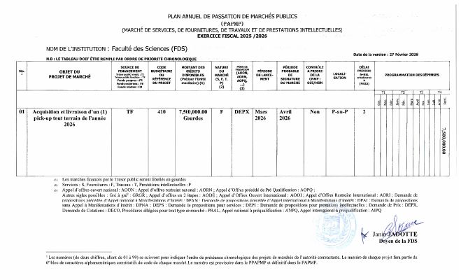 Plan annuel de passation de marchés publics, FDS, exercice 2025-2026