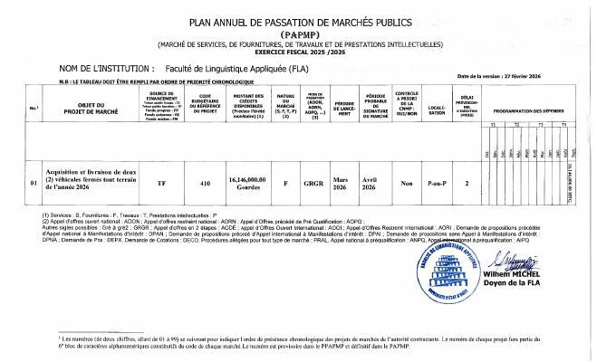 Plan annuel de passation de marchés publics, FLA, exercice 2025-2026