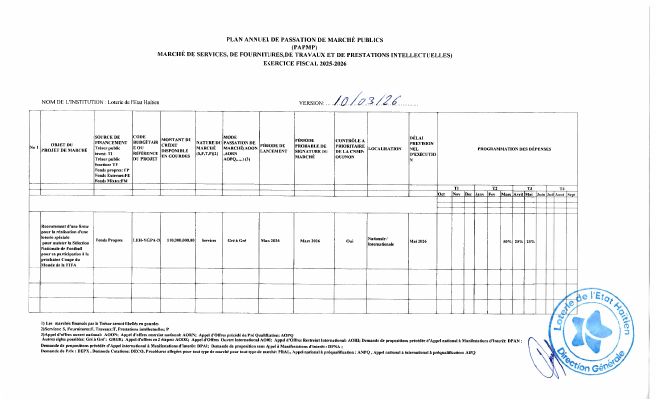 Plan annuel de passation de marchés publics, LEH, exercice 2025-2026