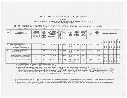 Plan annuel de passation de marchés publics, MCC, exercice 2025-2026