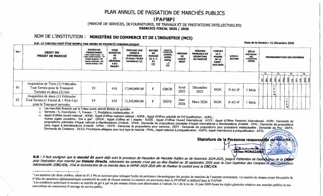 Plan annuel de passation de marchés publics, MCI, exercice 2025-2026